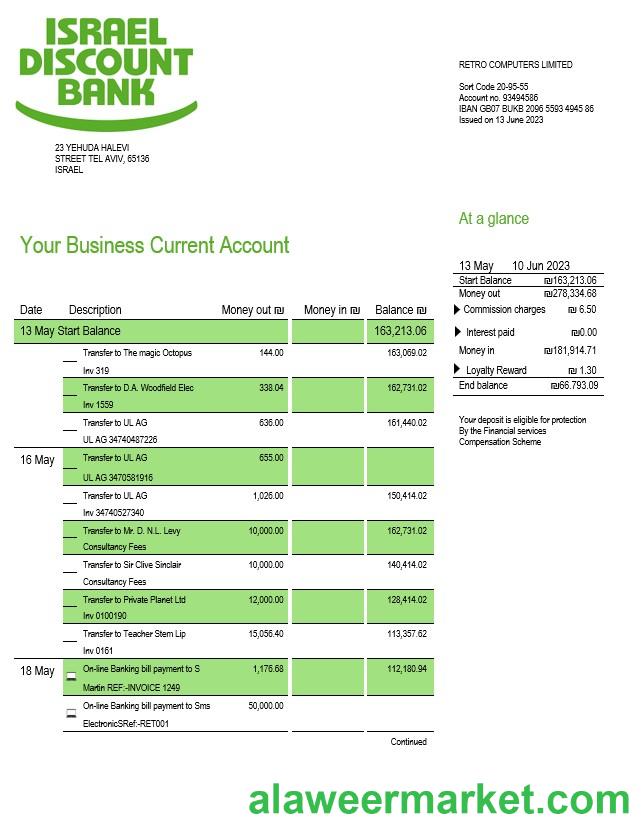 Israel Discount Bank firm statement Word and PDF template